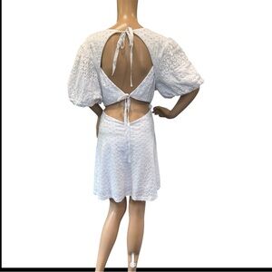 Free People White Open-Back Eyelet Dress Tie Back Bubble Sleeves Size XL